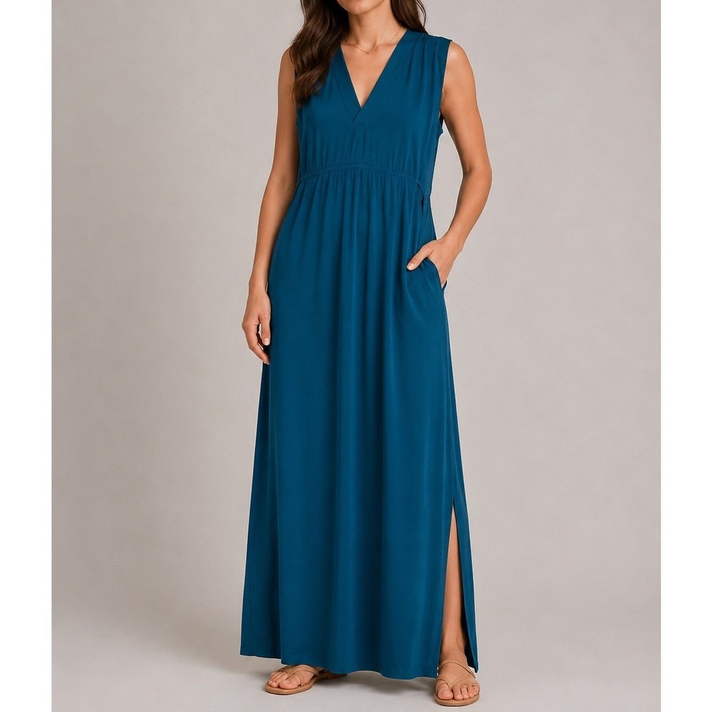 Athleta Santorini Thera Maxi Dress Teal Green Sleeveless V-Neck Size M 558664-01